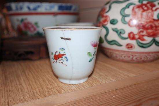 An 18th century Chinese famille rose cup and other Chinese porcelain tallest 40cm sq.